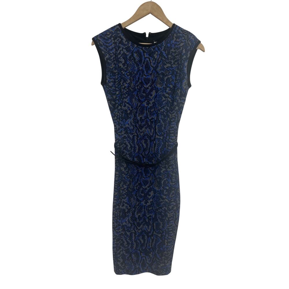 Vintage Cache Blue Snake Print Belted Sleeveless Knit Dress XS